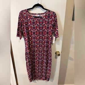 NWT LuLaRoe Julia Dress Floral Red Blue and White Pattern Size Large